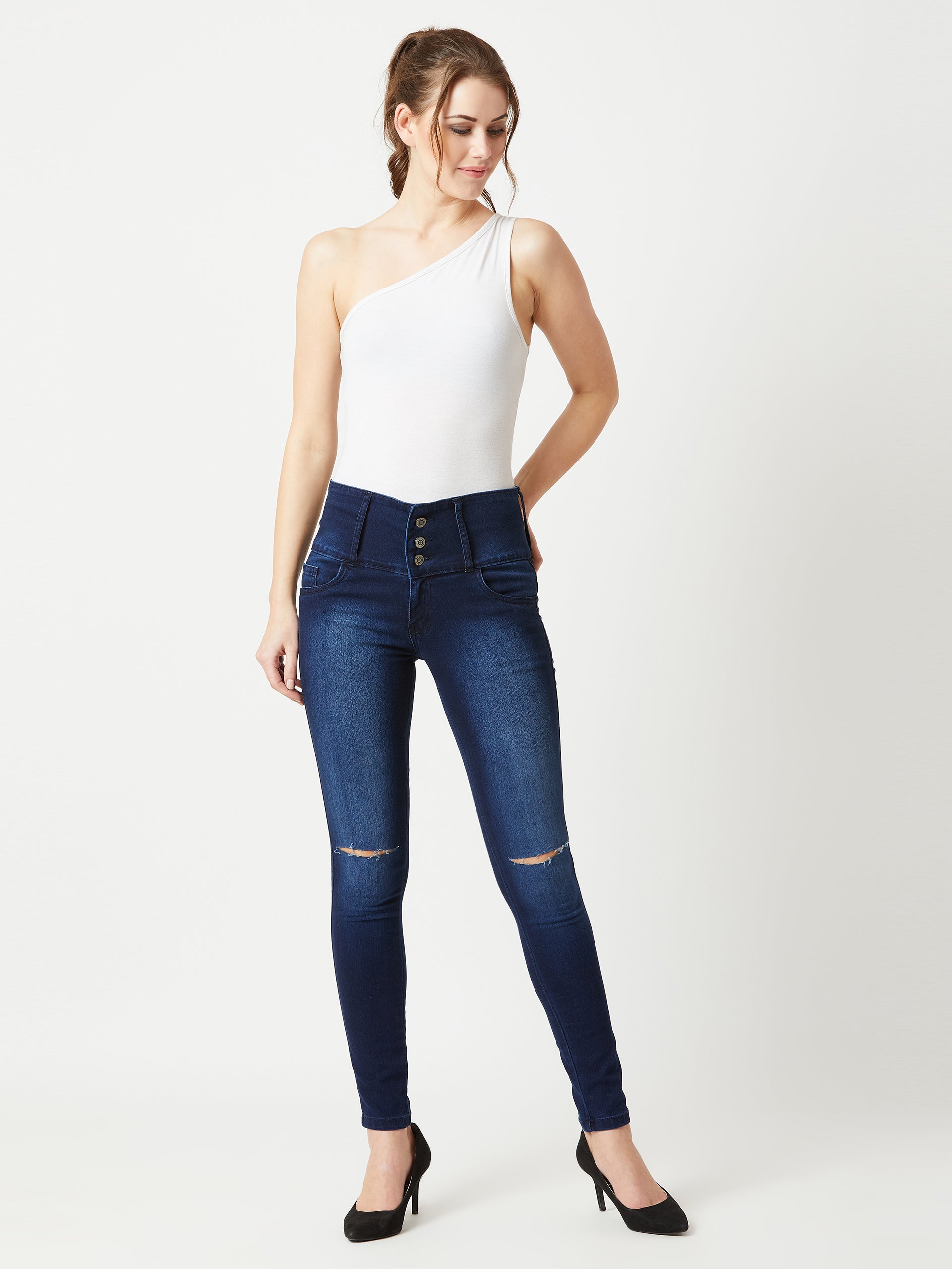 Women's Navy-Blue Skinny-Fit High-Rise Double Knee-Slit Stretchable High-Rise Denim Jeans