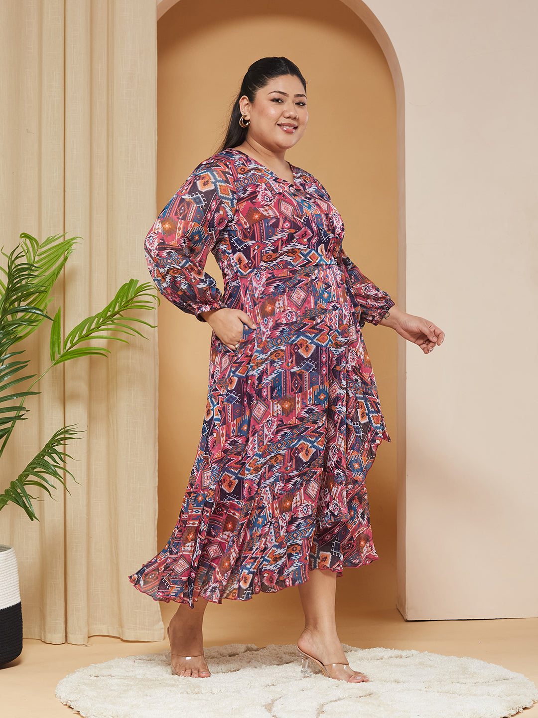 Multicolored V-Neck Three-Quarter-Sleeves Geometric Patterned Wrap Midi Chiffon Dress for Women