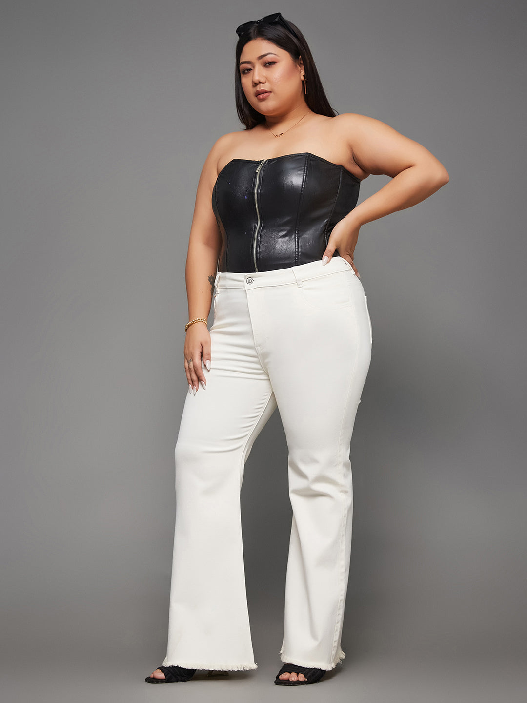 24/7 Comfort White Bell-Bottom Bootcut High-Rise Stretchable Denim Jeans for Women — Miss Chase A+
