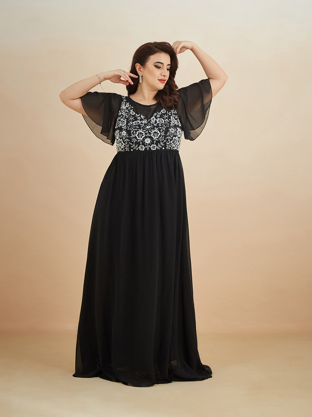 Black Embellished Gathered Maxi Dress for Women