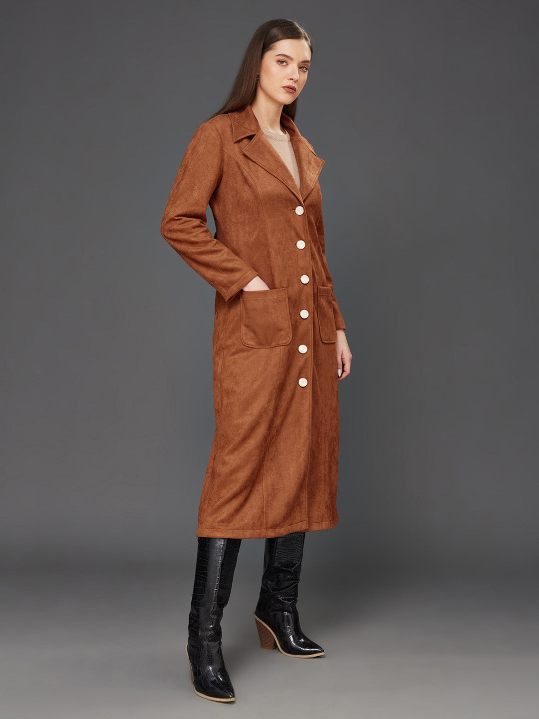 Brown Solid V-Neck Full Sleeves Patched Pocketed Polyester Button Down Longline Winter Wear Jacket for Women