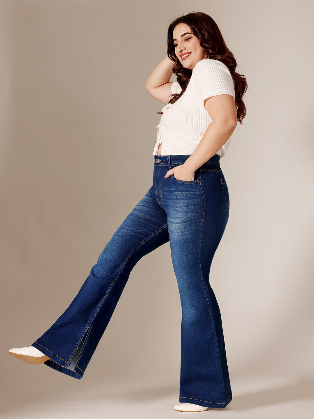 Blue Bootcut Mid Rise Regular Length Denim Stretchable Jeans for Women