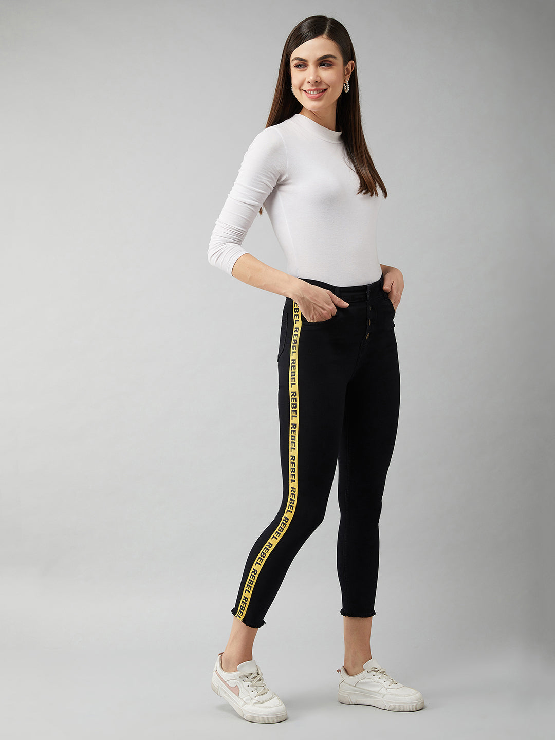 Women's Black Cotton Skinny-Fit Cropped High-Rise Stretchable Denim Jeans
