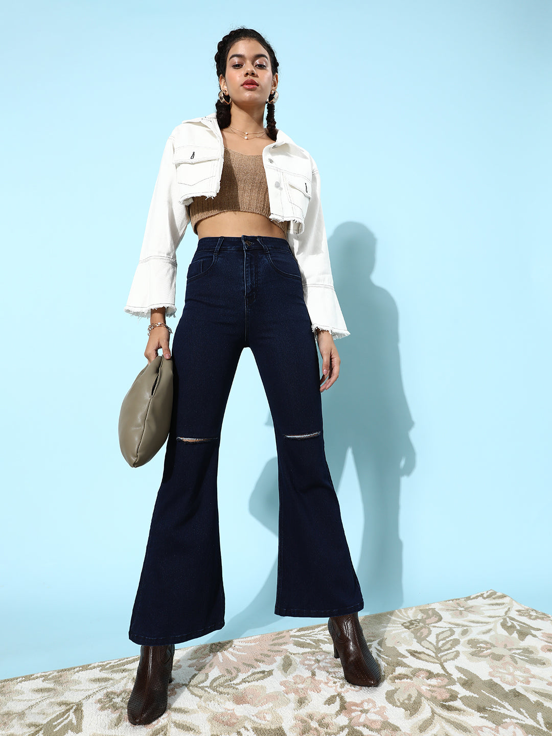 24/7 Comfort Navy-Blue Bell-Bottom Bootcut Hourglass High-Rise Stretchable Ripped Denim Jeans