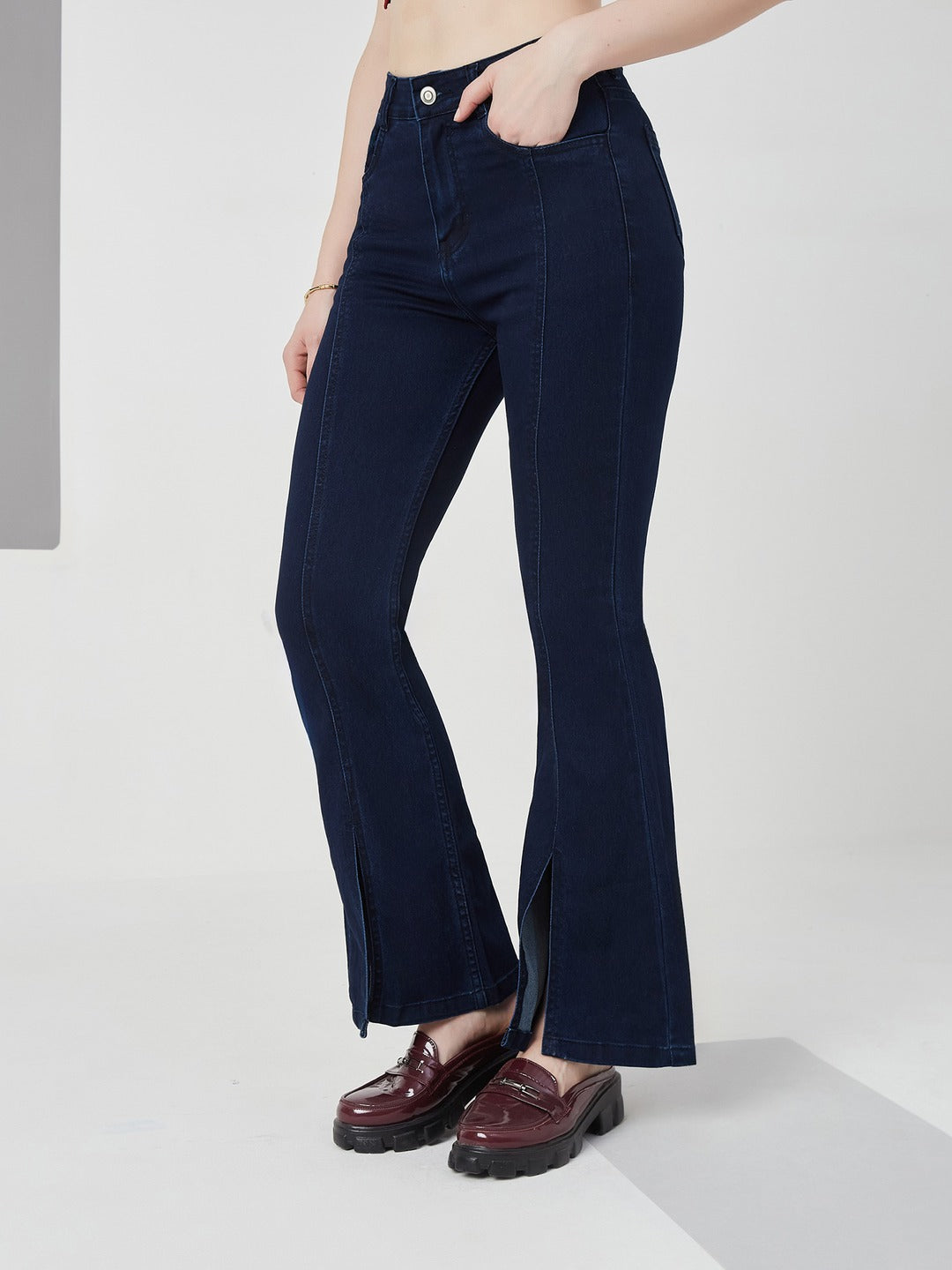 Navy Blue Bootcut high-rise Regular Stretchable Denim Jeans for Women