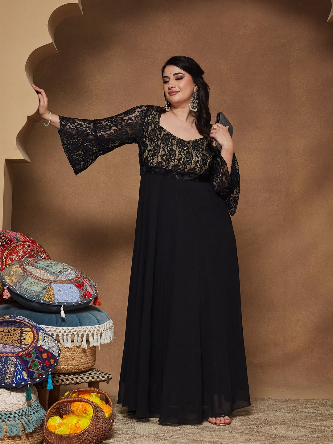Black Sweetheart-Neck Full Sleeve Floral Lace-Overlaid Georgette Maxi Dress for Women