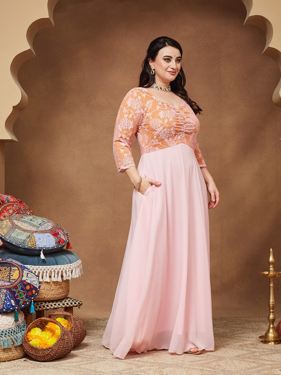 Dusty Pink V-Neck Raglan-Sleeve Self-Designed Empire-Styled Georgette Maxi Dress for Women