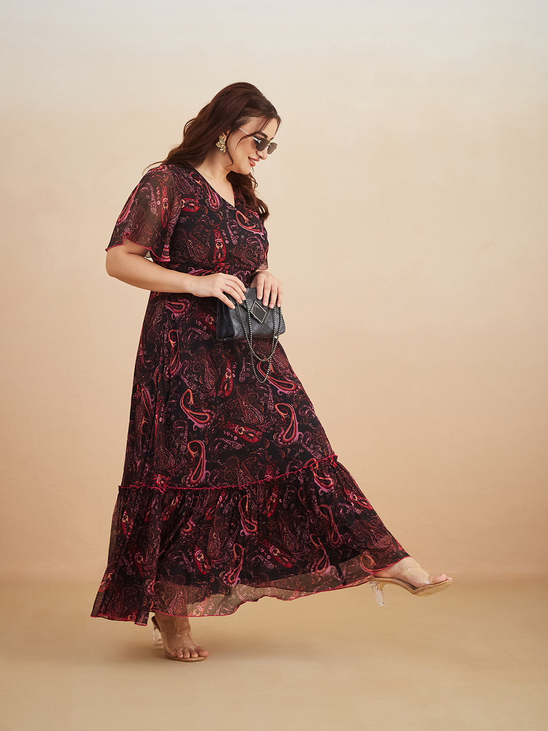 Black Bohemian V-Neck Flutter Sleeve Chiffon Relaxed Fit Wrap Maxi Dress for Women
