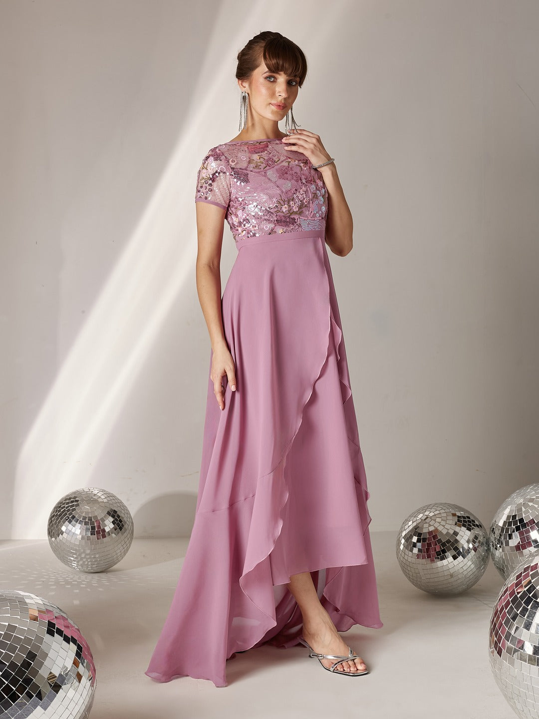 Dusty Lavender Round Neck Short Sleeve Floral Layered Georgette Midi Dress for Women