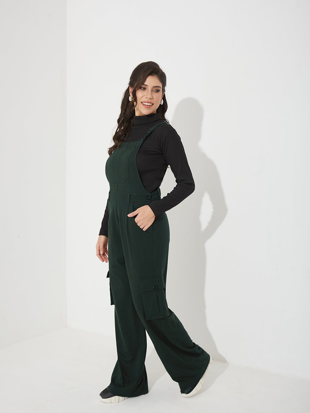 Women's Bottle-Green Square Neck Sleeveless Solid Wide Leg Full Length Cotton Dungaree