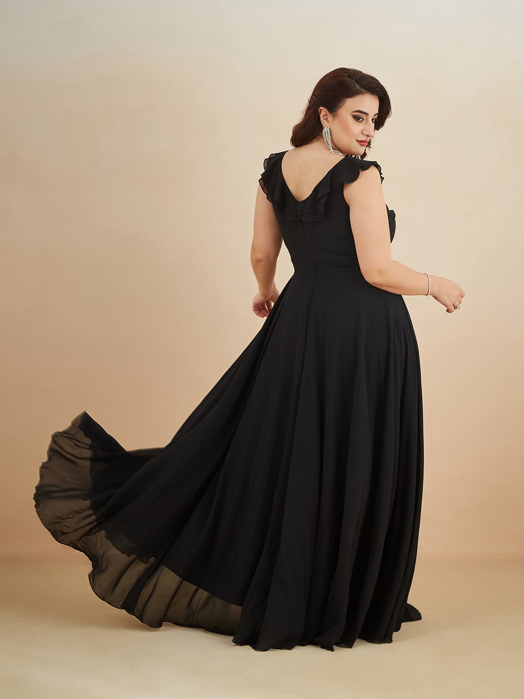 Black Sleeveless Embroidered Ruffled Georgette Maxi Dress for Women