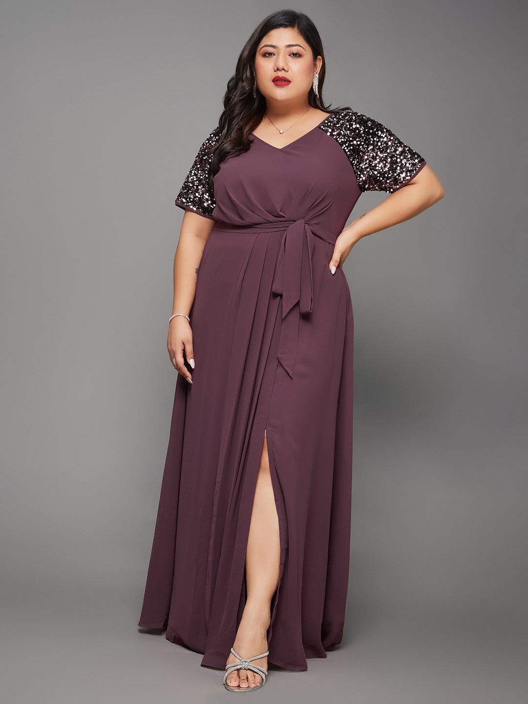 Body Bliss Mauve Relaxed Fit Maxi Georgette Party Sequin Dress