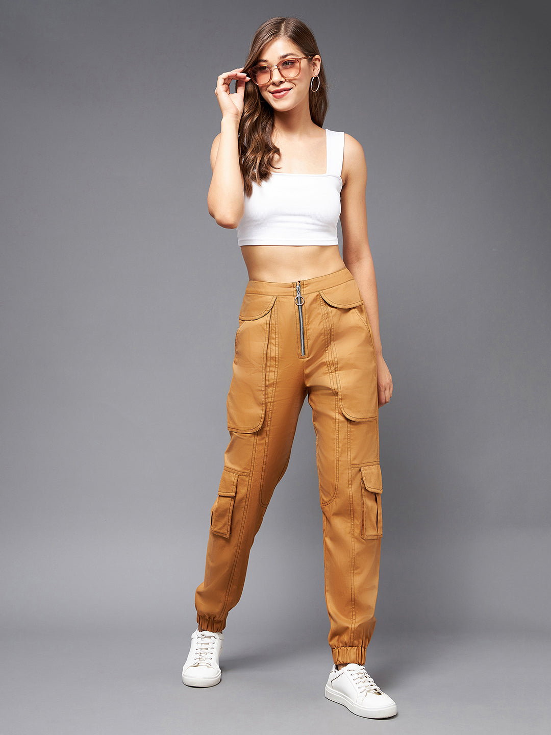 Women's Tan Cotton Solid Paneled Regular Joggers