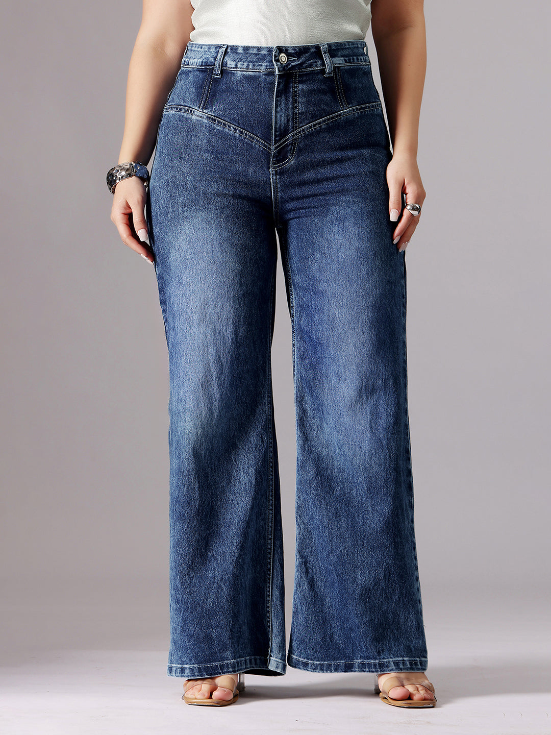 CHASEshape™ Women's Blue High-Rise Clean-Look Stretchable Denim Wide-Leg Shaping Jeans