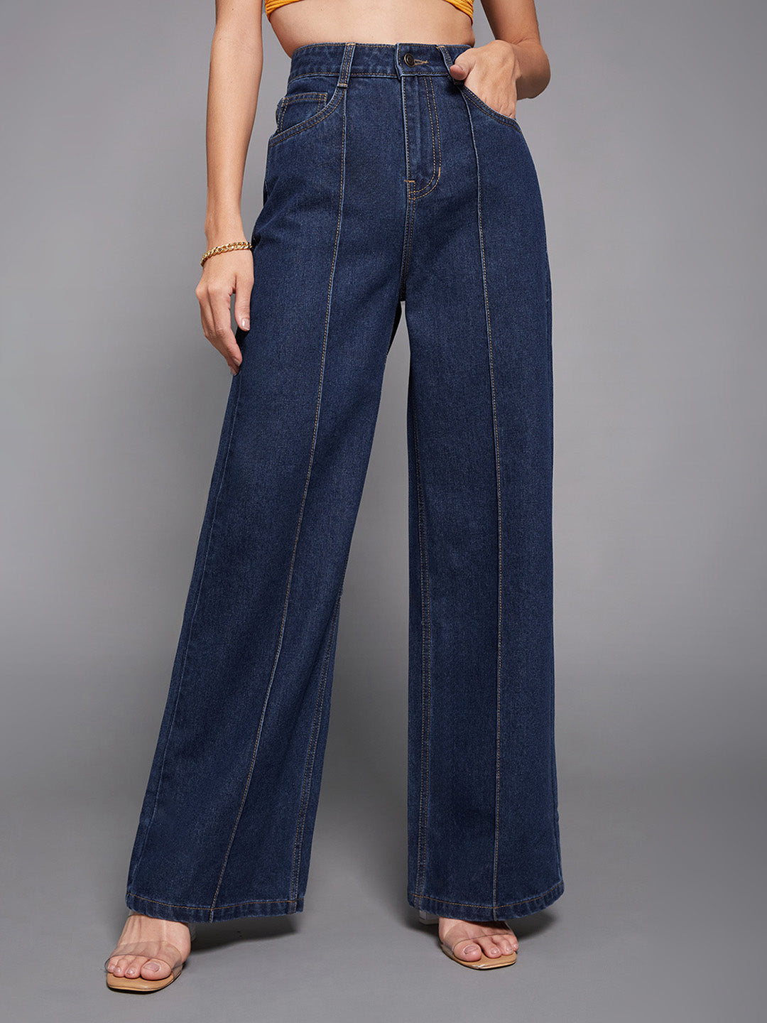 Women's Navy-Blue Wide-Leg High-Rise Non-stretchable Denim Jeans
