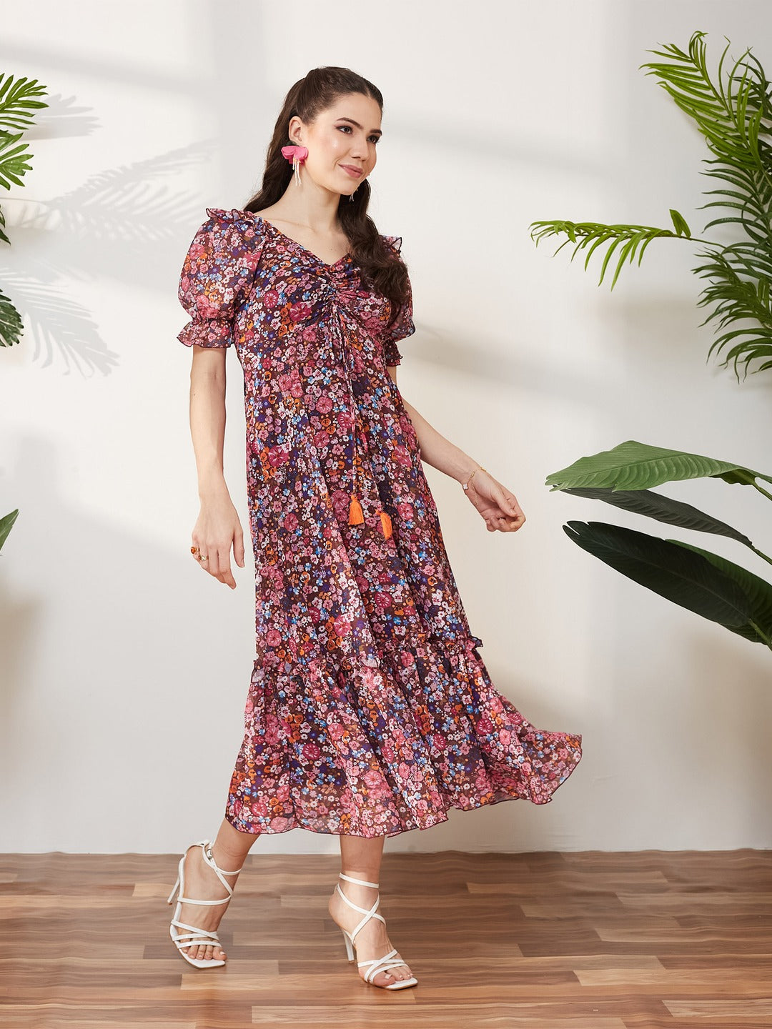 Wine V-Neck Puff Sleeve Floral Ruching Ankle-Length Dress for Women