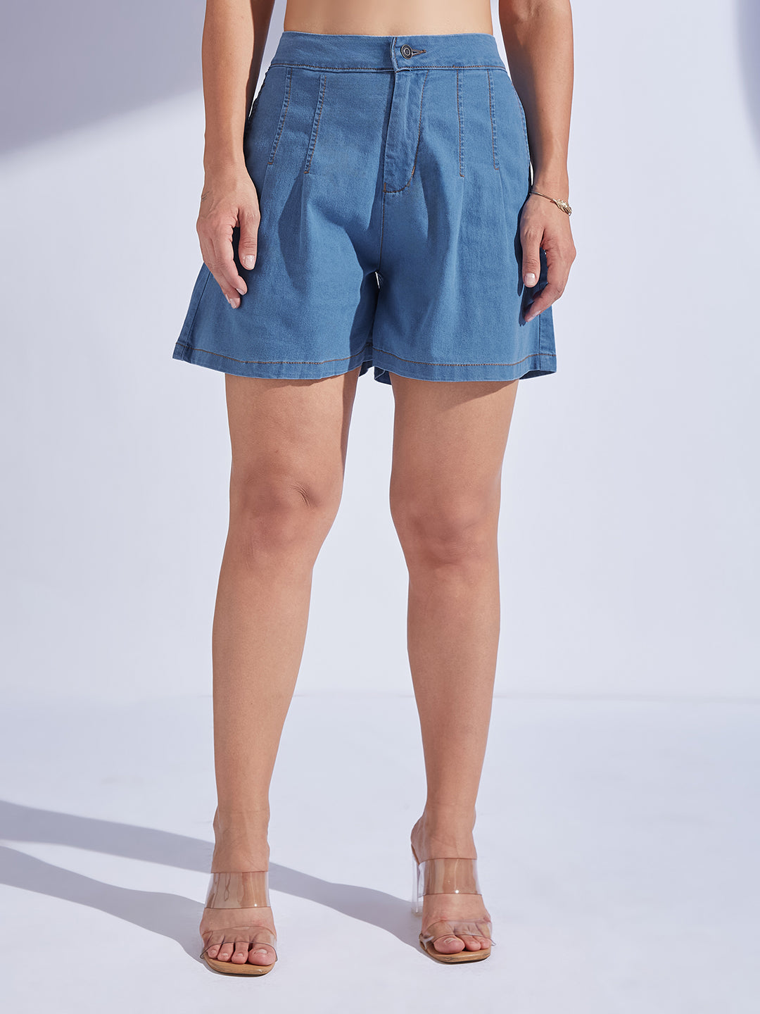 Blue Flared High-Rise Stretchable Special Lightweight Denim Shorts for Women
