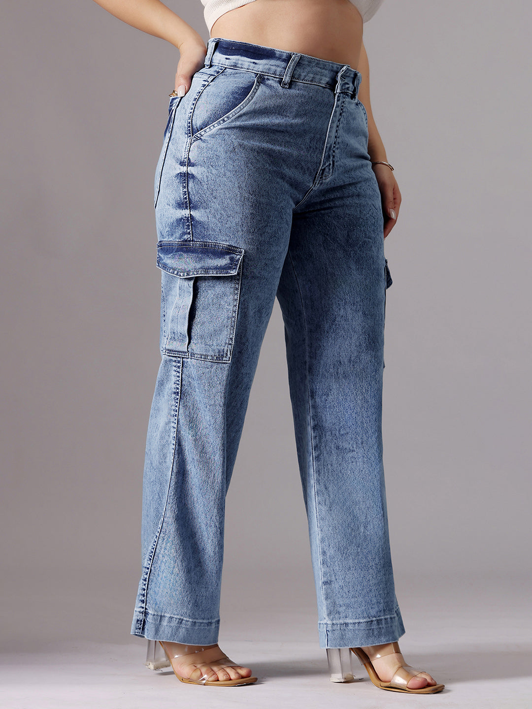 24/7 Comfort Light Blue Wide-Leg High-Rise Clean-Look Regular-Length Stretchable Flared Cargo Style Denim Jeans