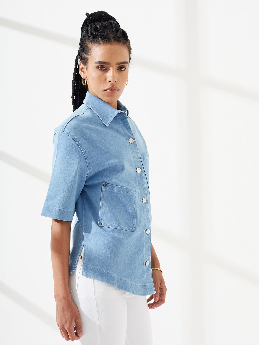 Light Blue Shirt Collar Half-Sleeves Asymmetrical Panelled Denim Shirt for Women