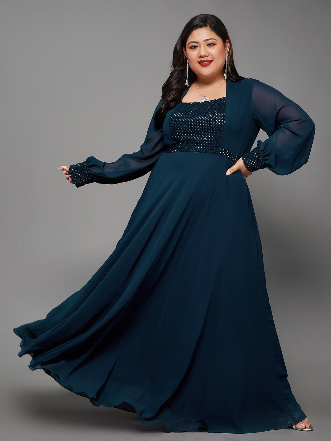Teal Mandarin-Collar Bishop Sleeve Embellished Panelled Georgette Maxi Dress for Women
