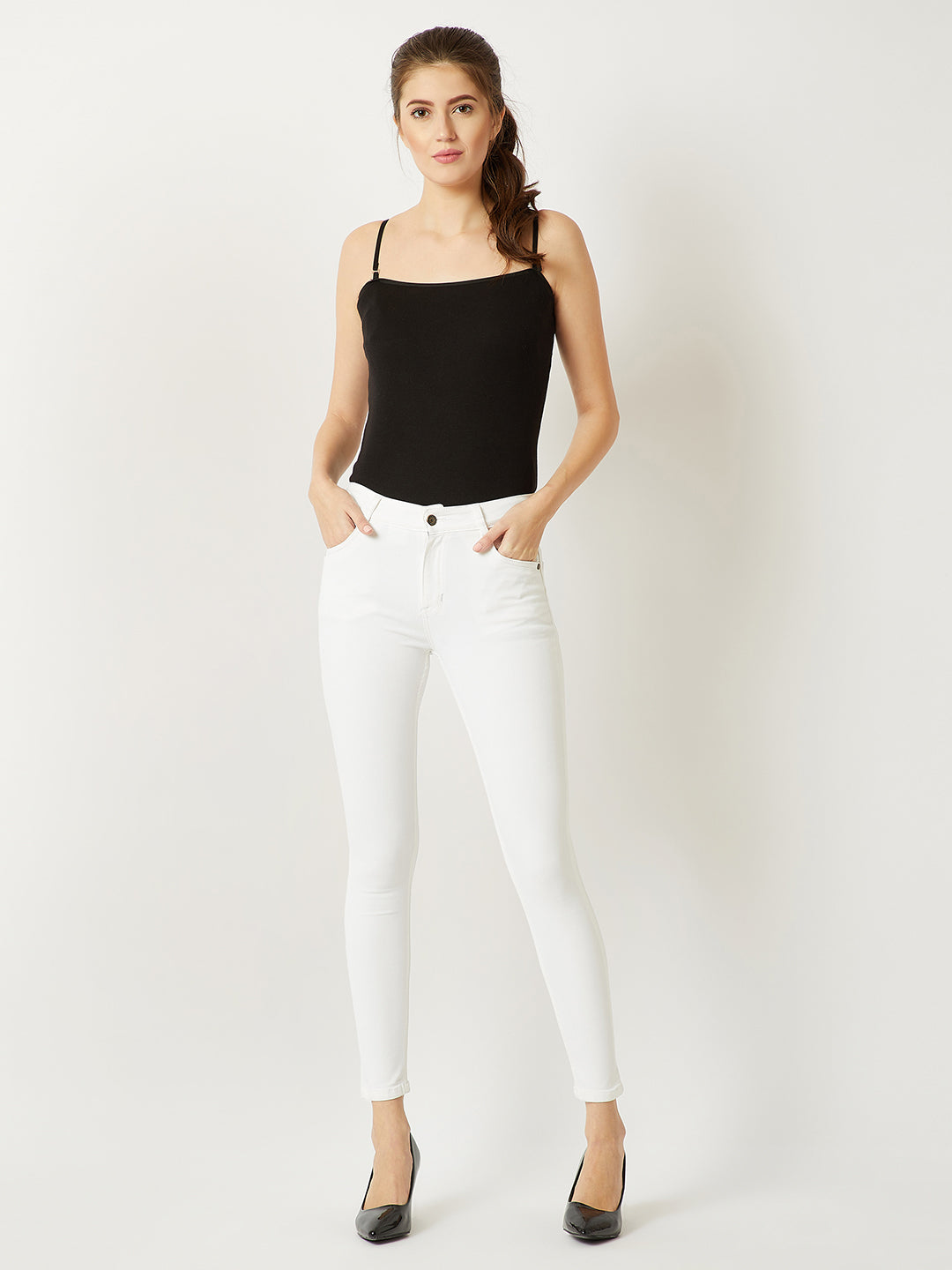 Women's White Skinny Mid-Rise Bleached Stretchable Denim Jeans
