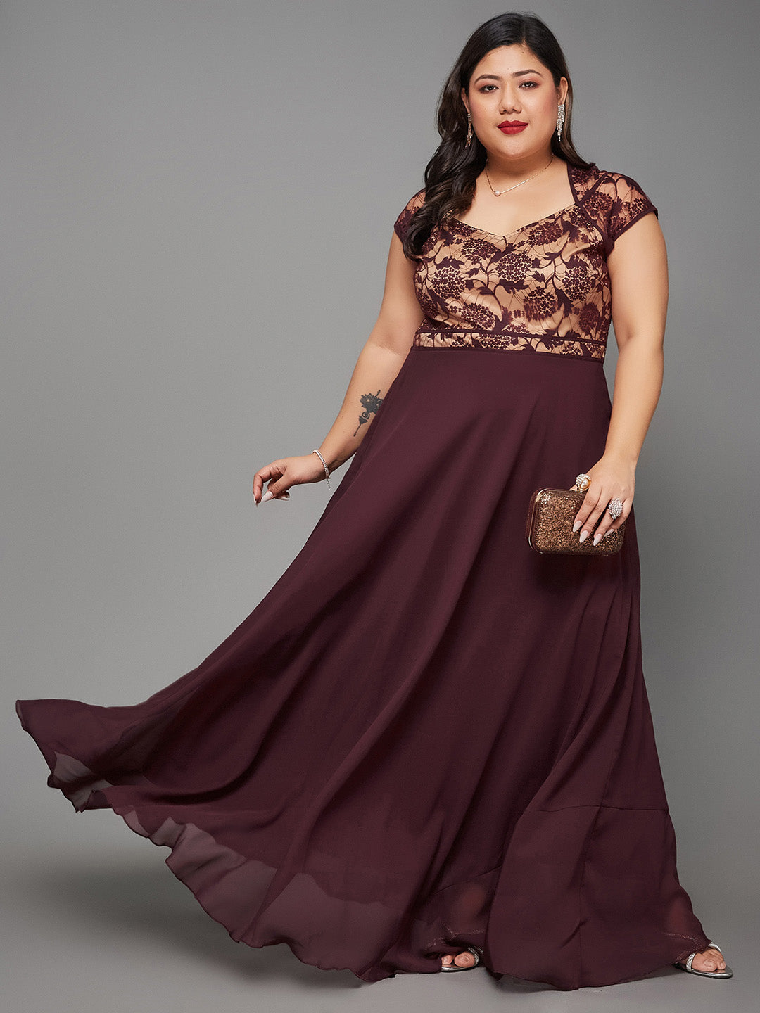 Body Bliss Wine & Beige Floral Lace Overlaid Fit & Flare Paneled Maxi Dress