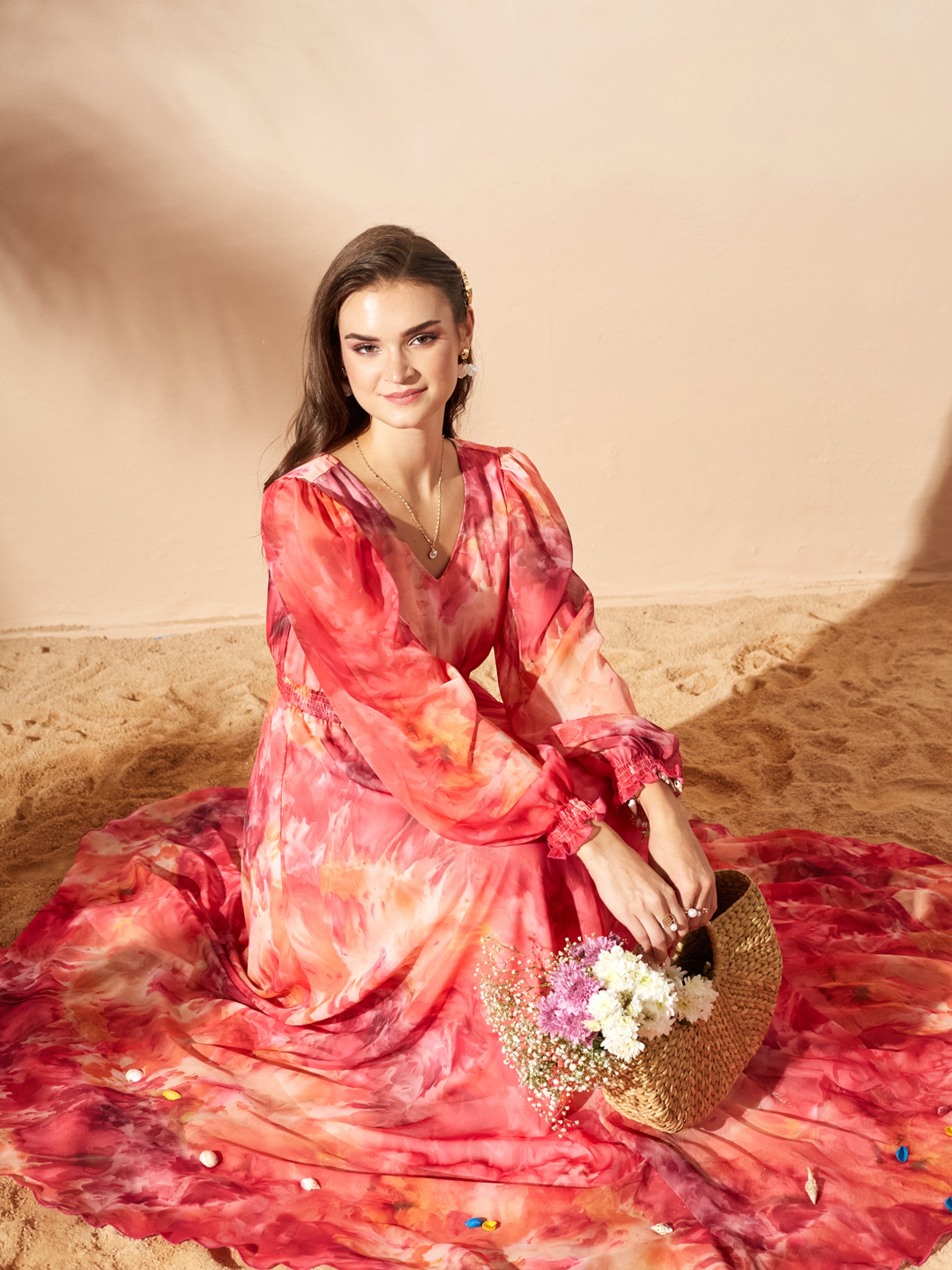 Orange Full Sleeves Floral Printed Fit and Flare Dress for Women