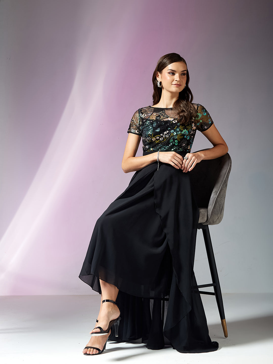 Women's Multicolored Base Black Round Neck Short Sleeve Floral Layered Georgette Midi Dress