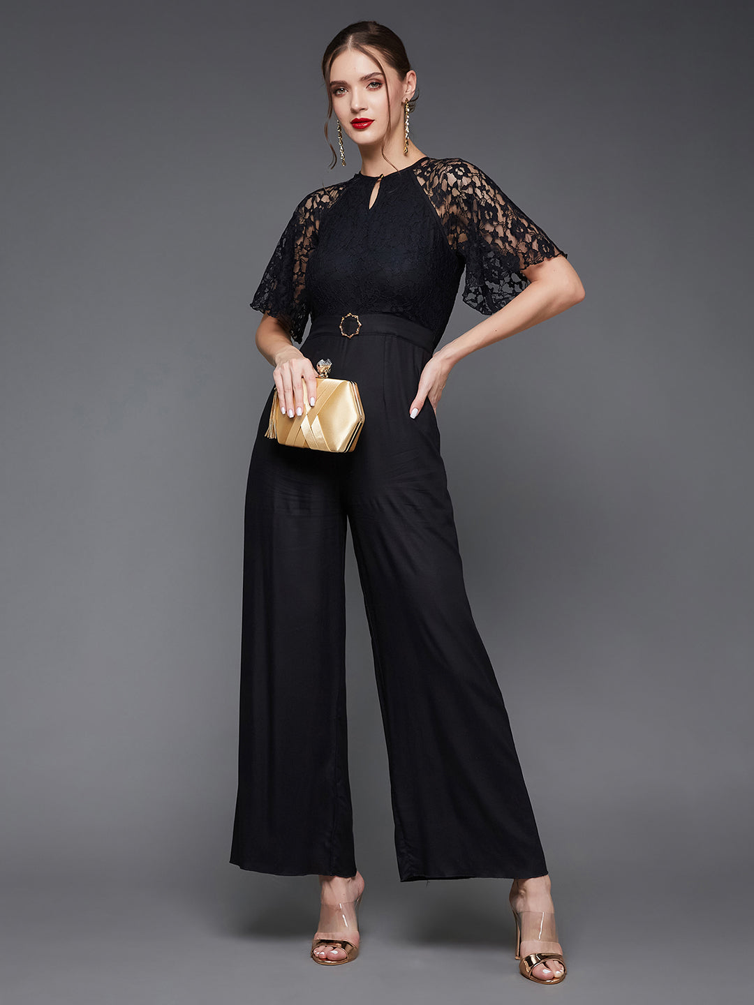 Women's Black Round Neck Flared Sleeve Floral Raglan Jumpsuit