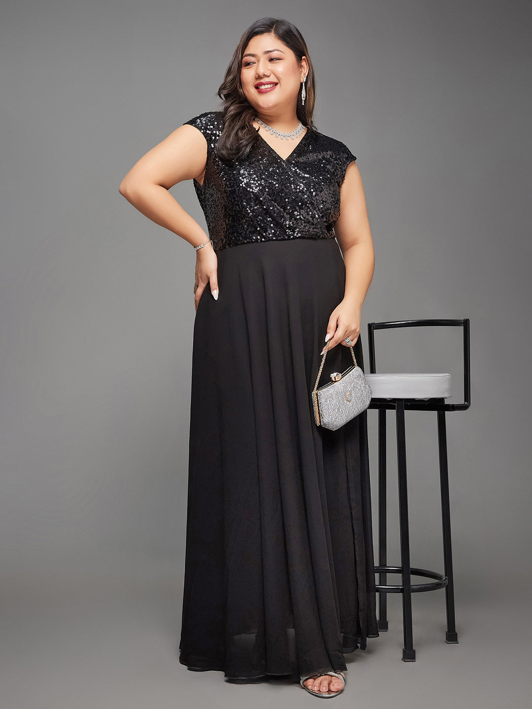 Black Sleeveless Fit and Flare Sequinned Maxi Dress Long Dress Gown for Women | Life of the Party Collection