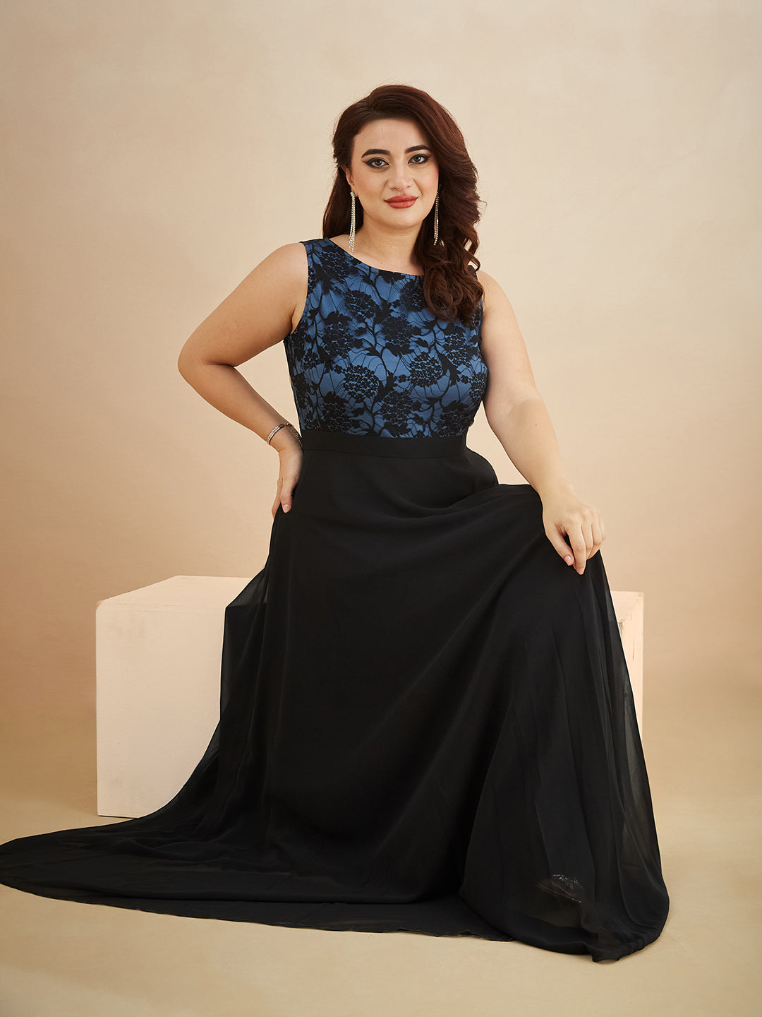 Blue & Black Round Neck Sleeveless Georgette Floral Lace Fit & Flare Maxi Dress for Women