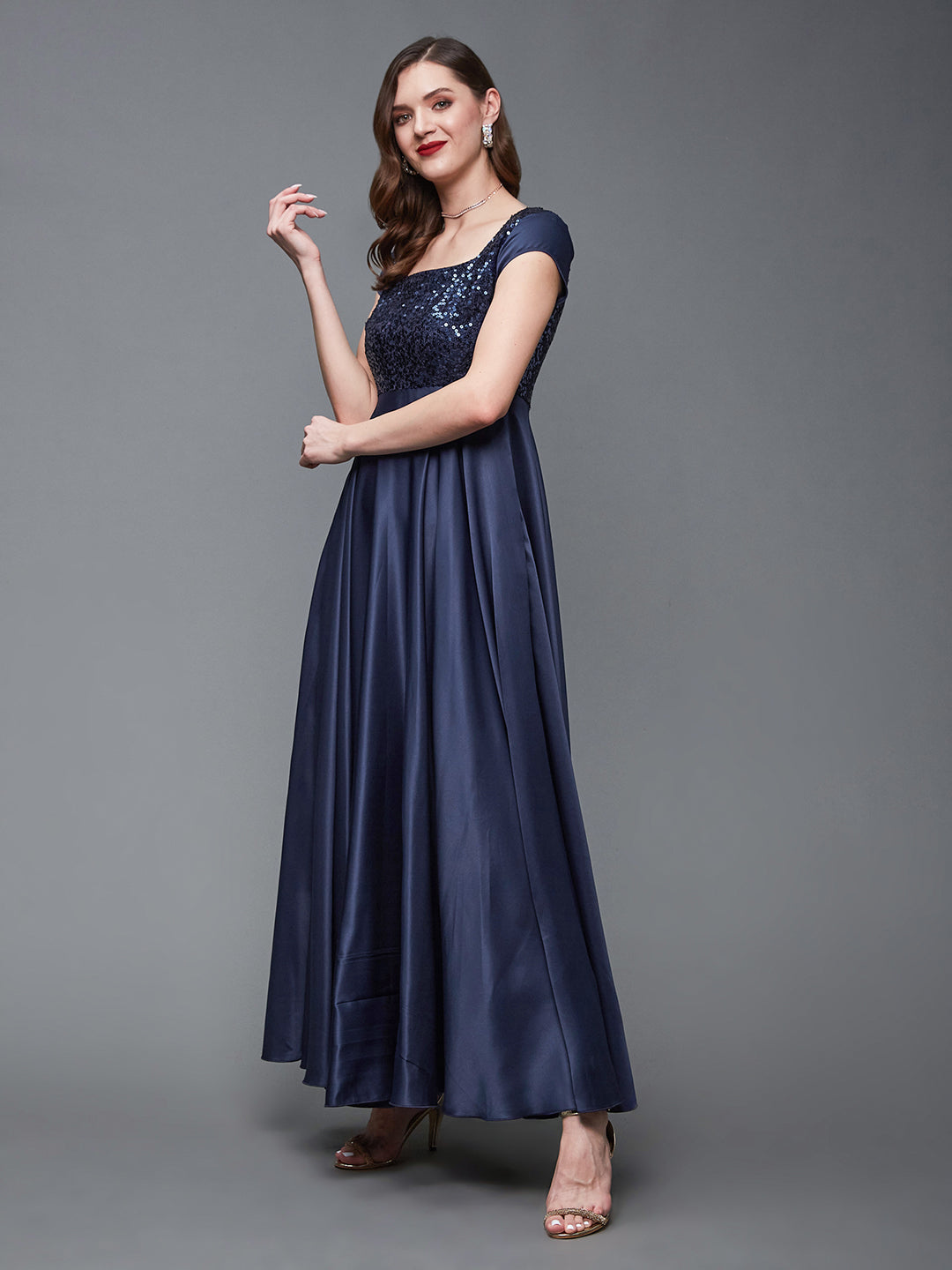 Navy Blue Short Sleeves Sequinned Fit and Flare Maxi Dress Long Dress Frock
