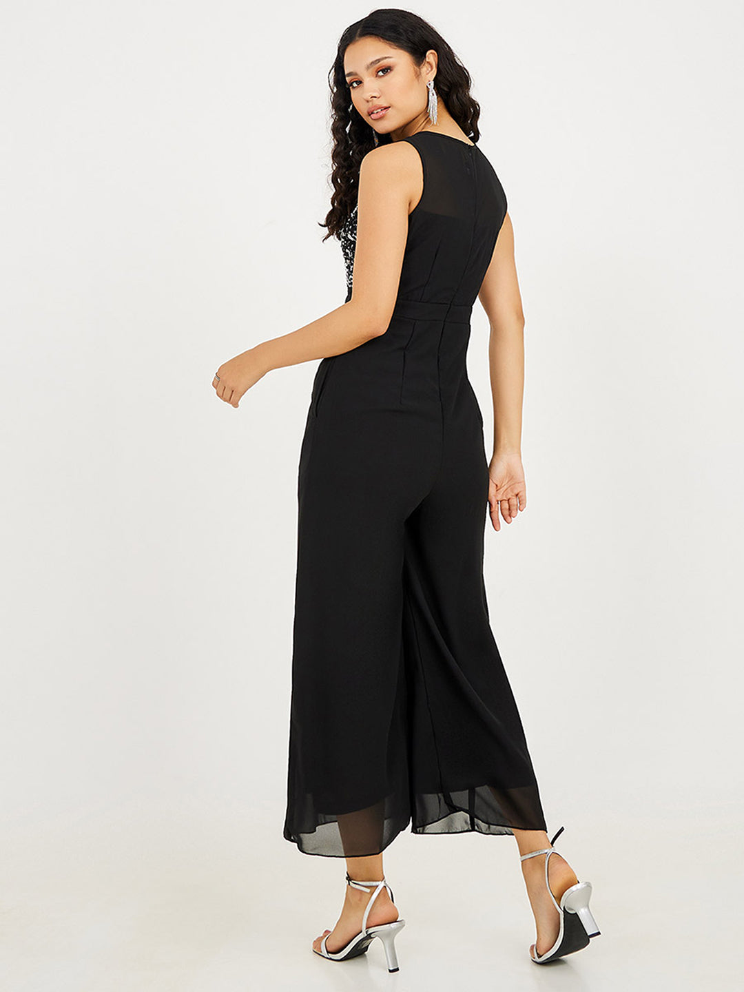 Women's Black Boat Neck Sleeveless Solid Embellished Regular Length Jumpsuit