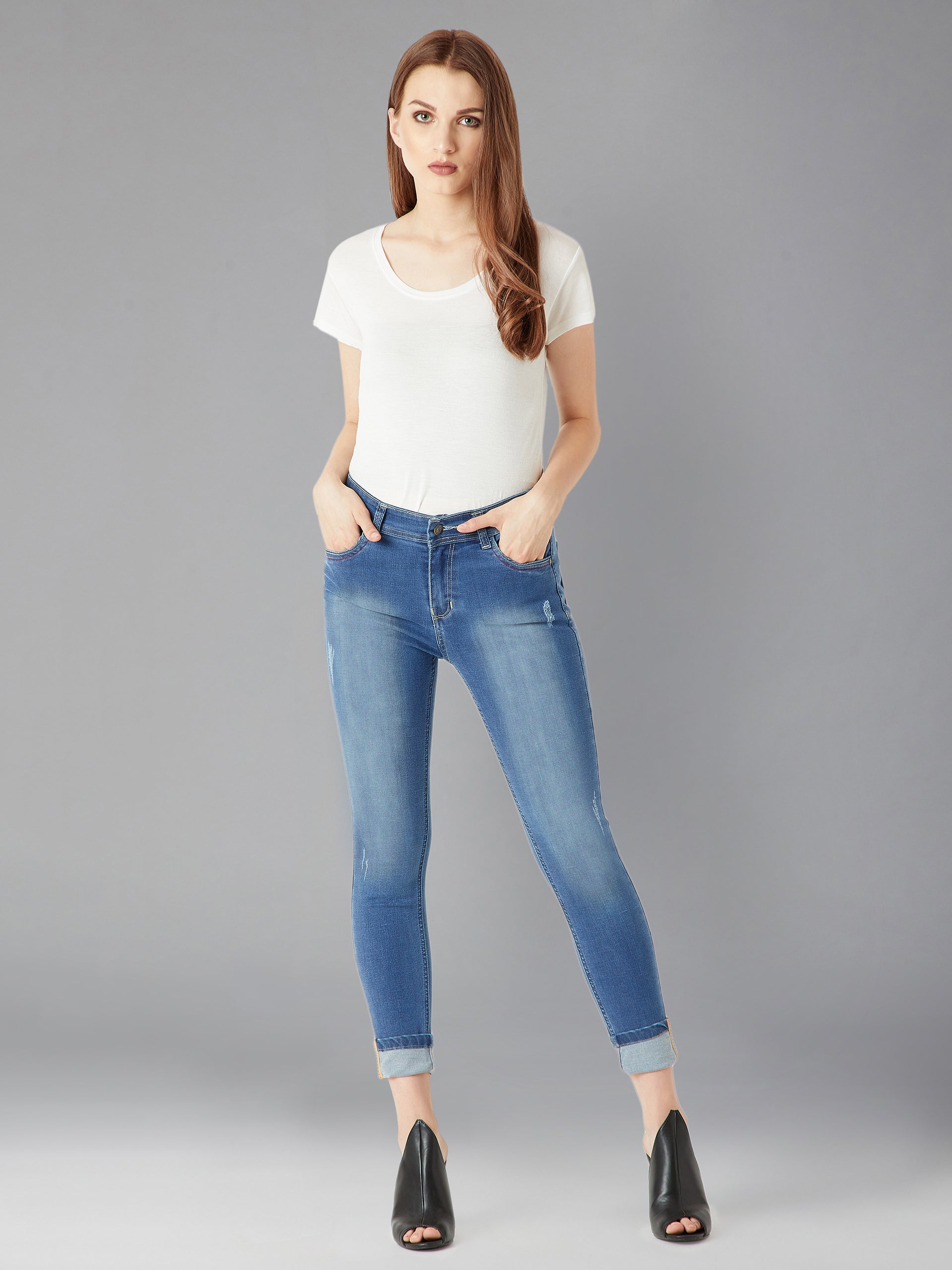 Women's Blue Skinny-Fit High-Rise Twill Tape Detailing Scraped Stretchable Denim Jeans