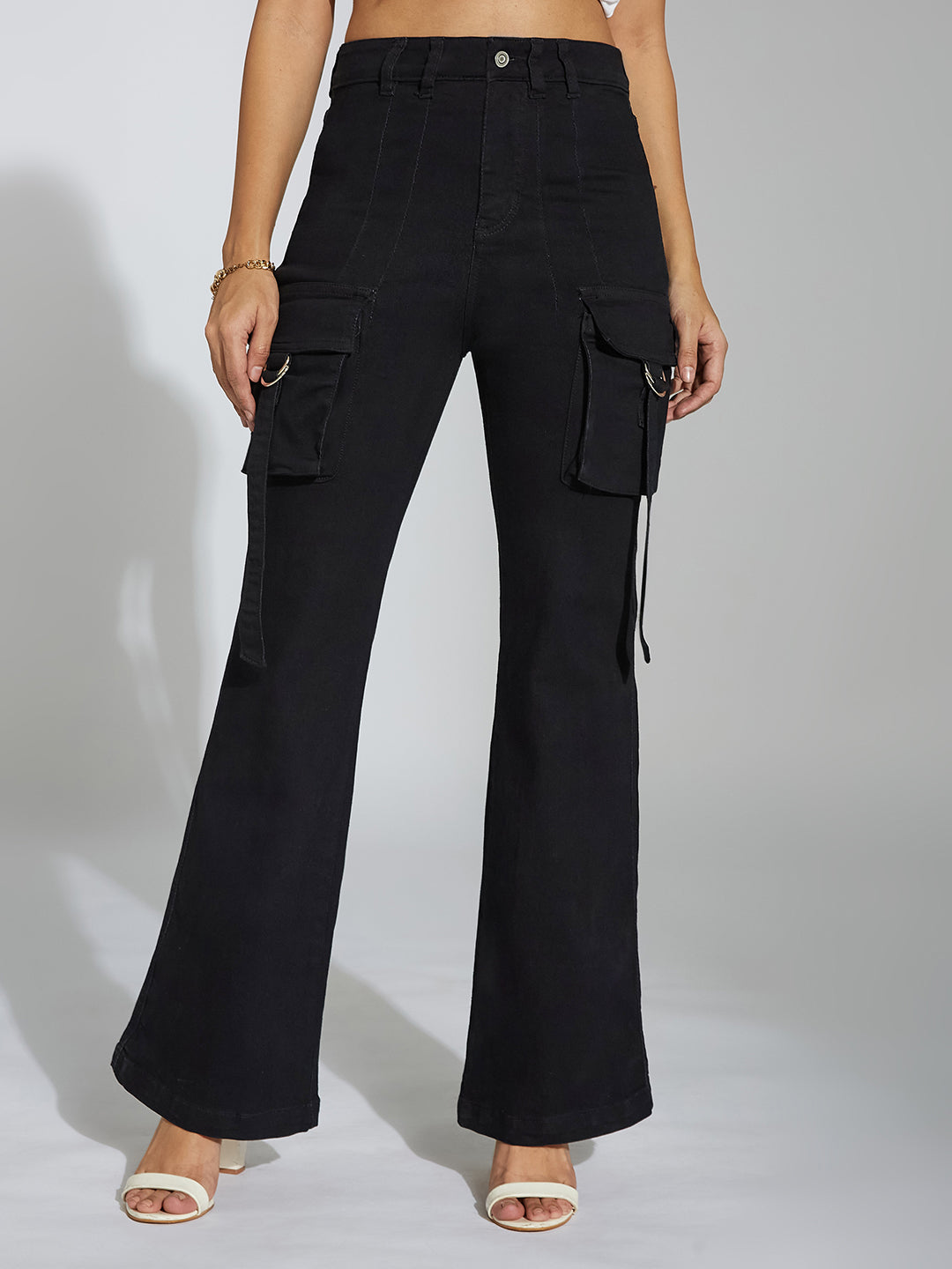 Women's Black Bootcut High-Rise Clean-Look Stretchable Denim Jeans