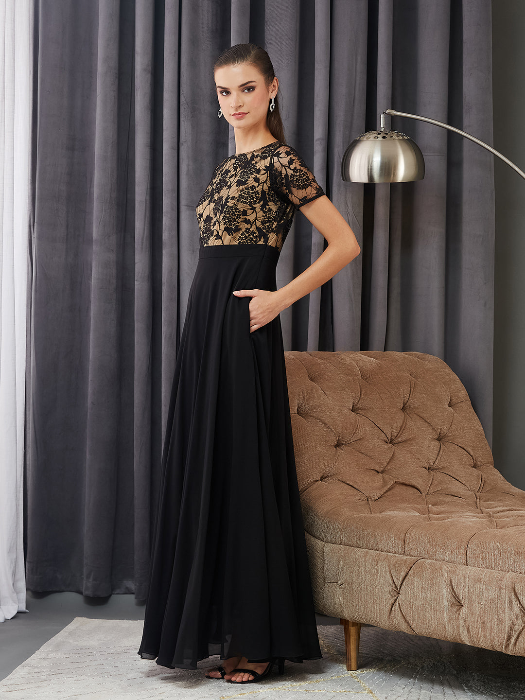 Women's Black Round Neck Half Sleeve Self Design Fit & Flare Georgette Maxi Dress