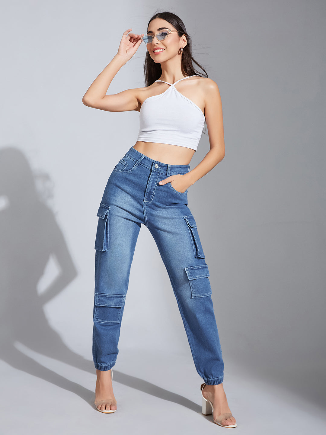 Women's Mid-Blue Regular High-Rise Regular Stretchable Denim Joggers