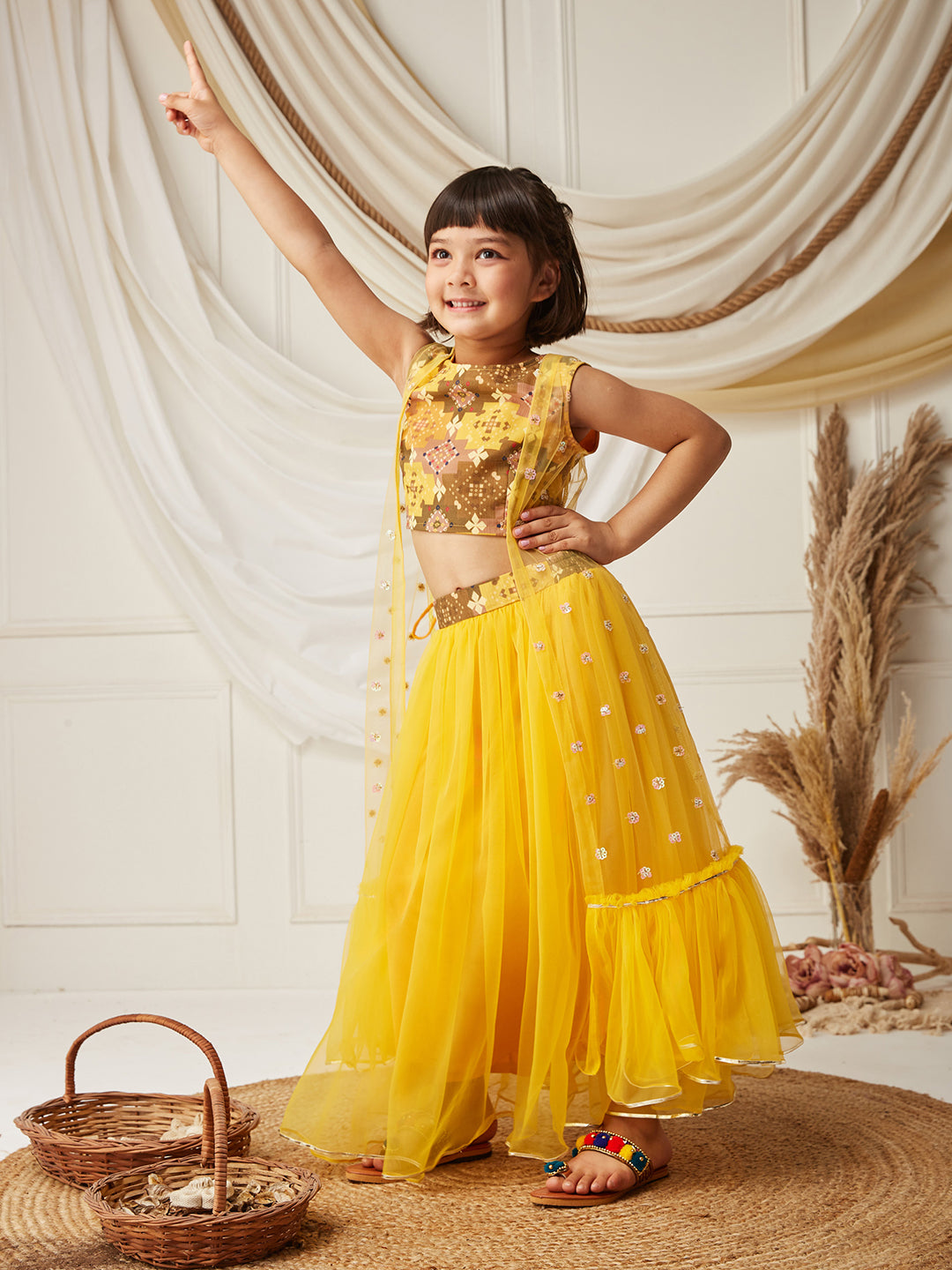 Multicolored-Base-Mustard Boat-Neck Sleeveless Embellished Fit & Flare Regular Fusion Set