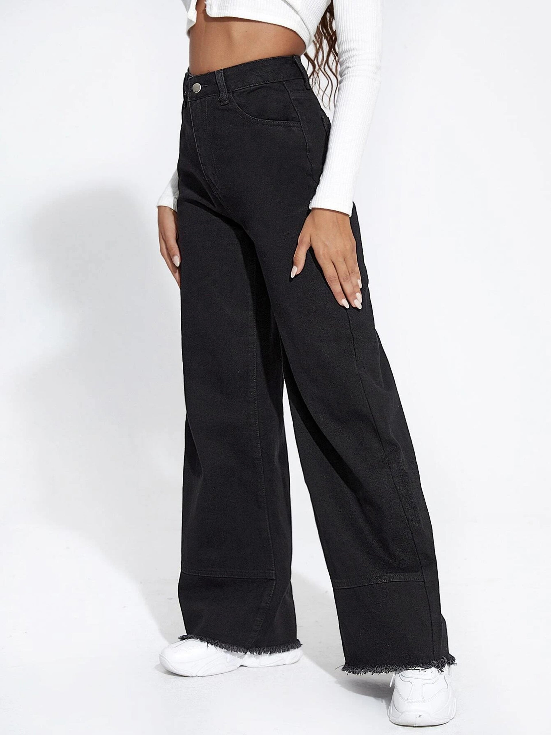 Women's Black Wide-Leg High-Rise Clean-Look Regular-Length Stretchable Denim Jeans