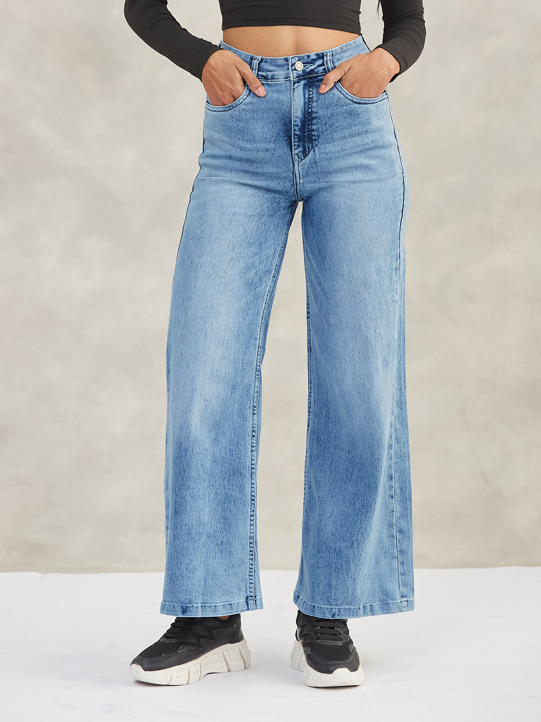 Women's Light Blue Wide-Leg High-Rise Stretchable Shaping Denim Jeans