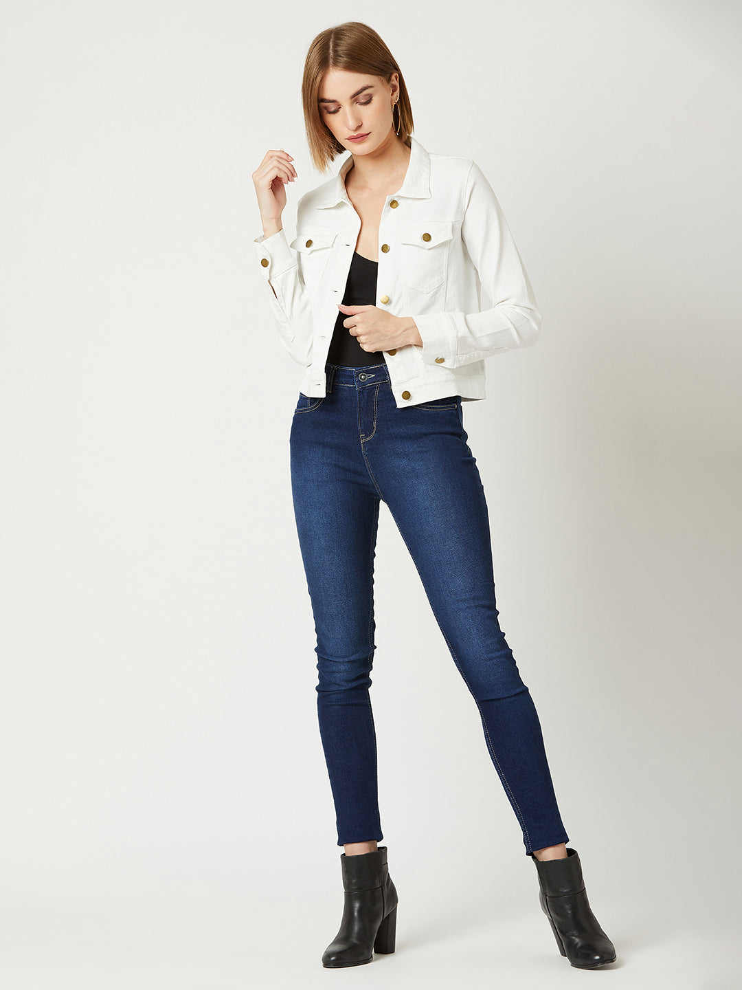 White Polo Neck Full Sleeves Denim Solid Cropped Jacket for Women