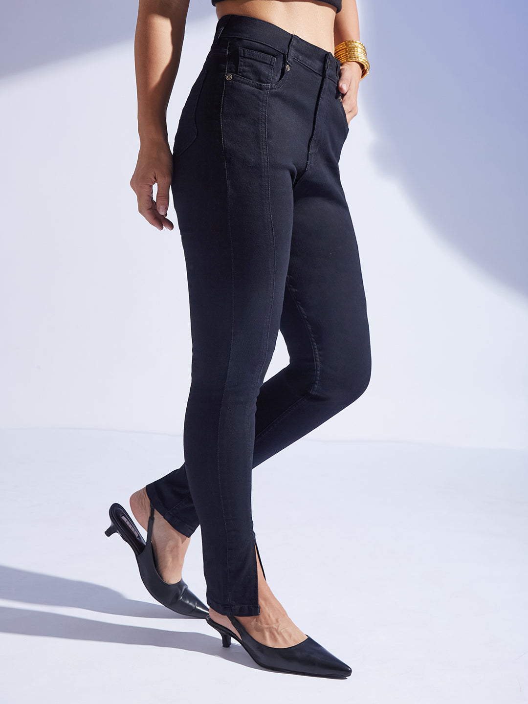 Black Skinny High Rise Clean Look Regular-Length Stretchable Denim Jeans for Women