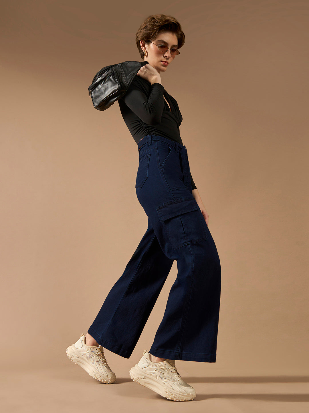 Women's Navy-Blue Wide-Leg High-Rise Stretchable Cargo Denim Jeans