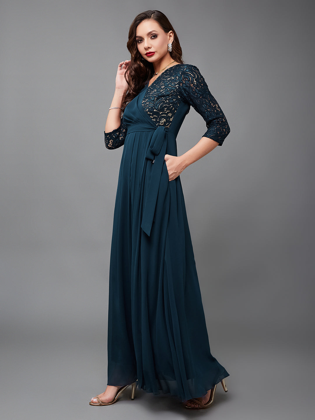 Women's Teal V-Neck 3/4 Sleeve Self-Designed Wrap-Styled Georgette Maxi Dress
