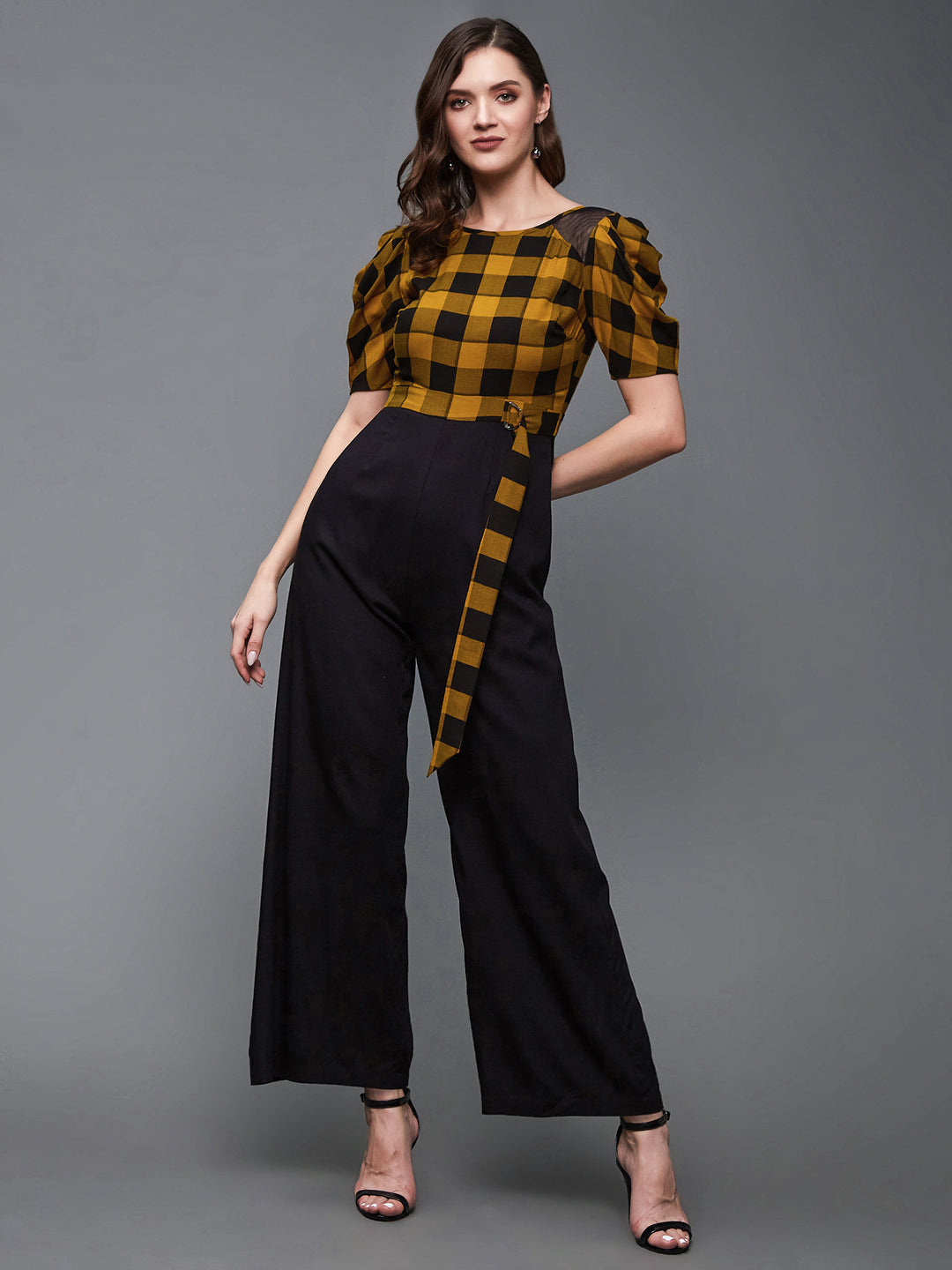 Women's Black & Mustard Round Neck Cowl Sleeve Checkered Wide-leg Viscose-Rayon Regular Length Jumpsuit