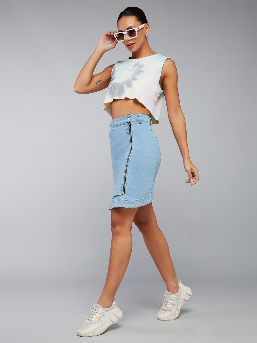 Women's Light Blue Regular High-Rise Above Knee Stretchable Denim Skirt