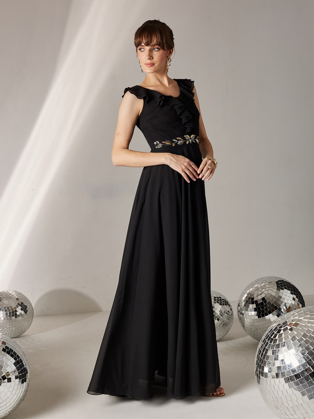 Black Sleeveless Embroidered Ruffled Georgette Maxi Dress for Women