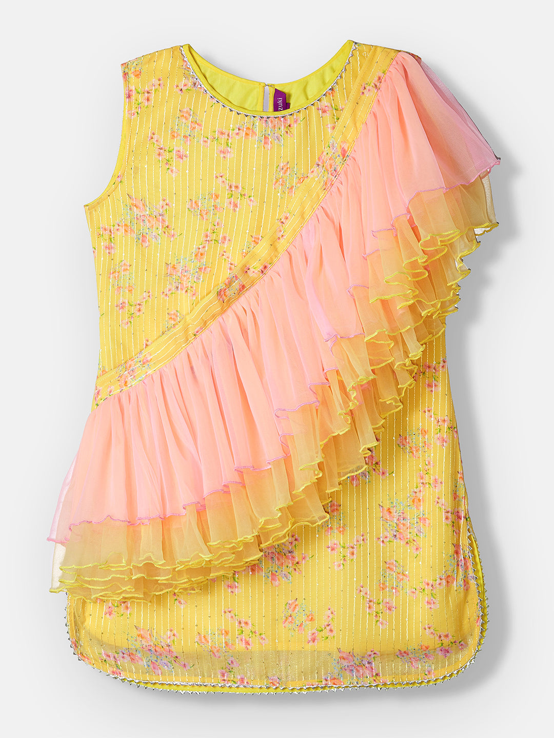 Multicolored-Base-Yellow Round Sleeveless Embellished Short-Sleeve Regular-Length Kurta Set