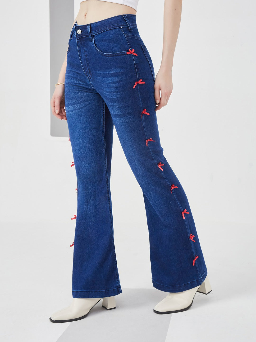 Navy Blue High-Rise dark red satin bows stitched along side seams , Stretchable Bootcut Denim Jeans for Women