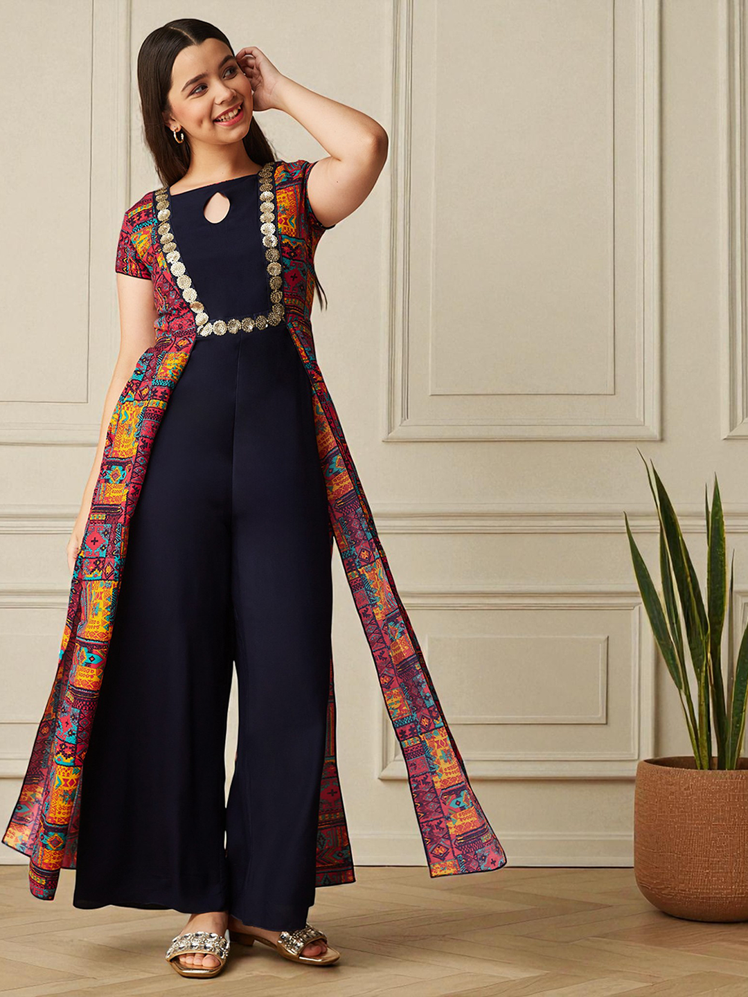 Multicolored-Base-Navy-Blue Keyhole-Neck Regular Sleeve Bohemian Paneled Viscose-Rayon Regular-Length Jumpsuit for Girls/Teenagers